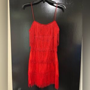 Vibrant Red Layered Fringe Mini Dress